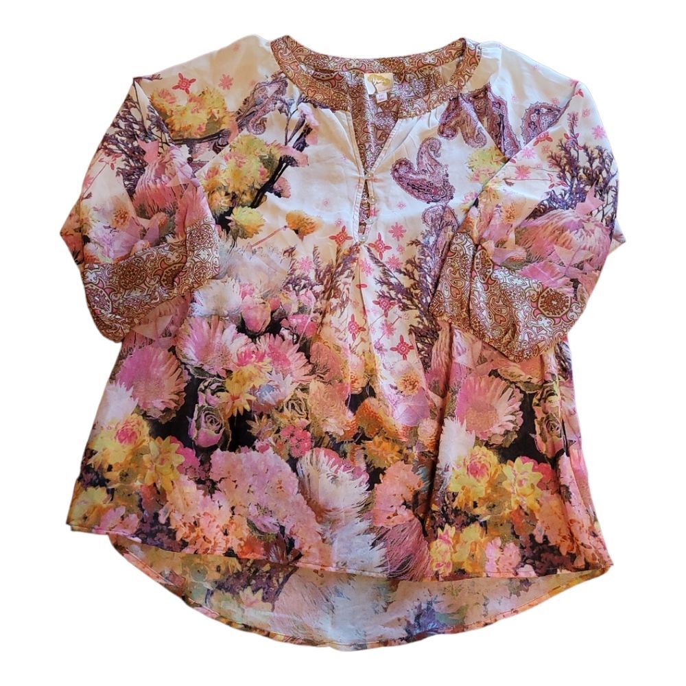 Fig & Flower Colorful Mixed Floral Print Tunic Blouse, Size Medium